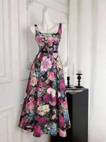 SHEIN MOD Đầm không tay thanh lịch, thắt eo, in hoa dành cho nữ cỡ lớn - Nhiều màu - Xem 6