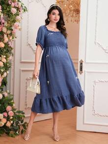 SHEIN 蝴蝶结装饰孕妇连衣裙，优雅荷叶袖喇叭裙摆连衣裙，清新春日 - 藍色 - 查看 6