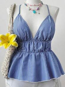 SHEIN CURVE+ 大码女式吊带荷叶边条纹背心，夏季 - 藍色 - 查看 6