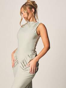 MISSGUIDED Sage Green Mock Neck Sleeveless Ruched Side Maxi Dress Evening Formal Floor Length Bodycon - Green - View 4