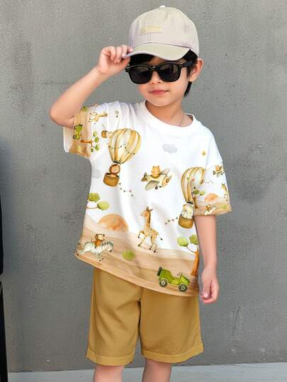 SHEIN Young Boy Casual T-Shirt Set, Suitable For Spring/Summer, Classic Cute Cartoon Animal World Pattern Print, Bear, Giraffe, Lion, Zebra, Monkey, Airplane, Hot Air Balloon, Car Cartoon Print