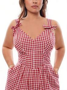 Solavibe 大码女式V领吊带蝴蝶结腰A字休闲格子红白连体裤，适合春夏、浪漫假期、情人节穿着。 - 紅白色 - 查看 7