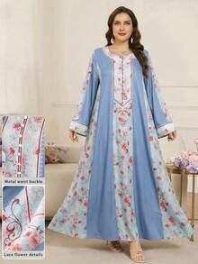 Al Najma Modest Multicolor Plus Size Arabian Dress With Random Print And Scoop Neck Long Flare Sleeves Flowy Flared Hem - Multicolor - View 2