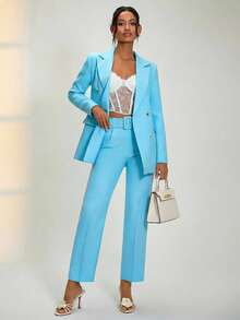 RueChic Bộ vest nữ màu xanh nhạt hai hàng cúc với ve áo xẻ và khuy trang trí, kết hợp với quần ống đứng cạp cao. - Màu xanh nhạt - Xem 3