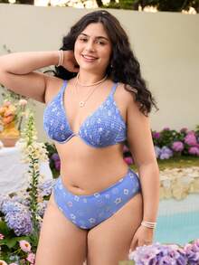 Swim Mod 夏季海滩度假印花加大码女式泳衣套装，清新蓝色 - 藍色 - 查看 4