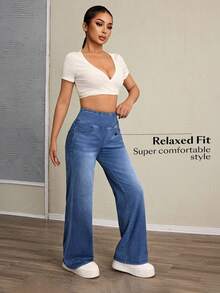 Flexra Petite Women's Stretchy Loose Casual Versatile Knit Denim Pants Custom-Designed For Petites. A Perfect Fit For The 150-160cm Build - Medium Wash - View 3