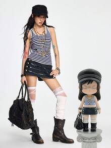 ROMWE Grunge Punk SummerY2K Vintage Navy Striped Anchor Rhinestone Decor Bodycon Tank Top - Blue and White - View 1