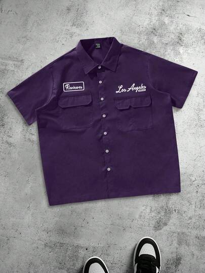 PAVTROS Manfinity Streetrush Men's Loose Fit Utility Pocket Design Casual Shirt, Blue Button-Up Short Sleeve Shirt, Multi Pocket Casual Shirt,Button Up Men Shirt,Street Men Outfits Purple Shirt Button Up Shirt Purple Button Up Men Men's Work Shirt Mechanic Shirt