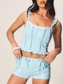 MISSGUIDED High Rise Ruffle Detail Side Tie Light Blue Gingham Check Shorts With Lace Trim For Spring Summer Casual Wear - Multicolor - View 4