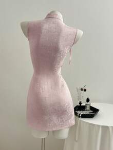 Elamini Women's Party New Year New Chinese Style Jacquard Textured Fabric Fitted Mini Dress - Baby Pink - View 2