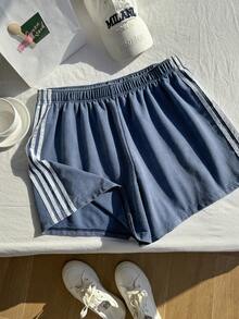 Comfortcana 复古水洗蓝色针织阔腿休闲短裤，百搭大码，春夏款 - 藍色 - 查看 7