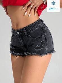SHEIN PETITE Quần short denim nữ màu trơn, kiểu dáng thường ngày. - màu đen - Xem 4