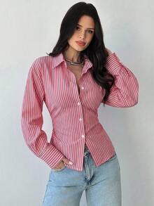 Firerie 女士蓝白条纹长袖衬衫，系带腰身，休闲通勤衬衫，度假衬衫，收腰条纹衬衫，适合春、夏、秋、冬四季穿着，优雅，度假风，波西米亚风，工作装 - 紅色 - 查看 6