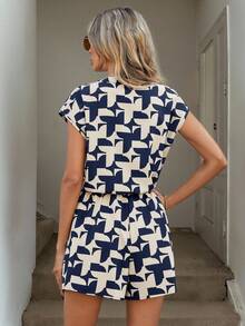 SHEIN LUNE Women's Stylish Notch V-Neck Printed Loose Jumpsuit - Navy Blue - View 2