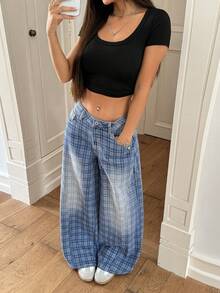 Rivivi Women's Casual Commuting College Style Patterned Washed Loose Wide-Leg Jeans - Blue - View 7