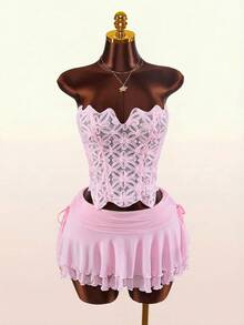 Amplova Women Floral Bandeau Top And Drawstring Waist Skirt Sexy 2 Pieces Set Floral Fabric Bud Bustier With Bow Tie, Sleeveless And Backless, Paired With An Ultra-Low-Waisted, Adjustable Mesh A-Line Skirt With Ruffled Hem – A Two-Piece Set Perfect For Spring Vacation Wear. Summer Dresses For Women Elegant Dresses For Party Summer Holiday Outfits Casual Outfits For Women Skirt Swimsuit Pink Corset Dress Dance Costume Pink Dress Short Pink Rave Outfit - Pink - View 2