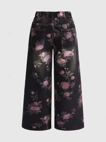 ROMWE Fairycore Quần jeans ống rộng dáng suông cỡ lớn dành cho nữ, in họa tiết hoa cổ điển, đã qua xử lý. - màu đen - Xem 2