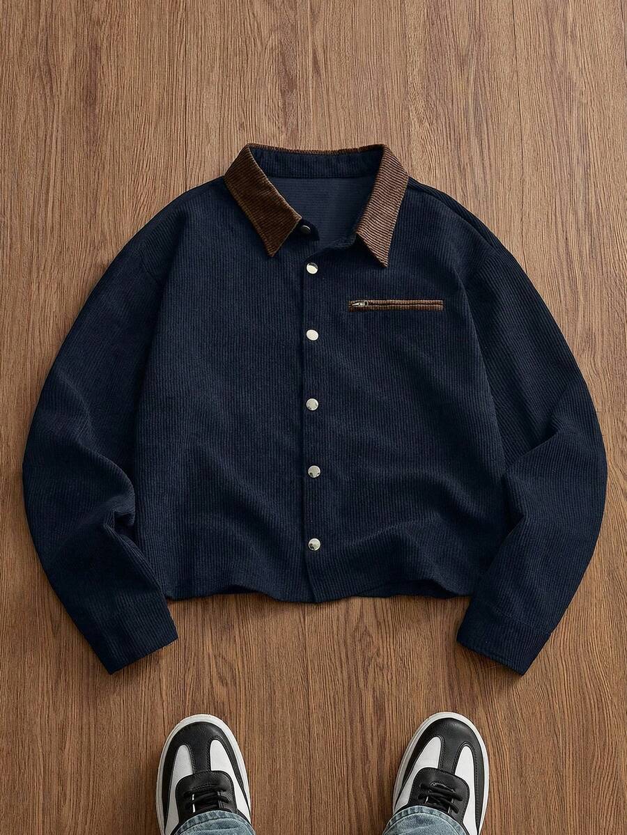 SWAVVY Men's Casual Everyday Contrast Color Collar Button Front Jacket, Autumn - Blue - View 1