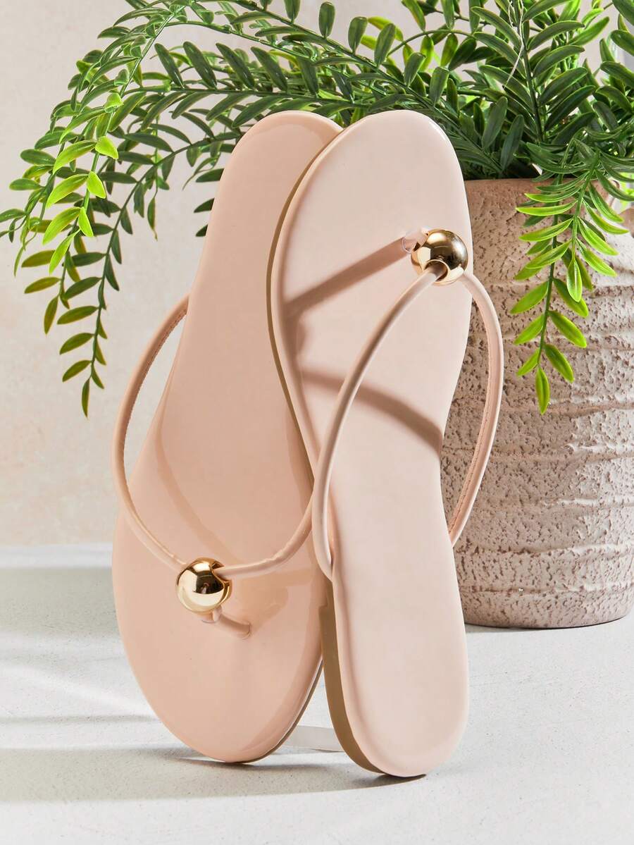 SHUZIA Women's Round Toe T Strap Thong Poolside Flip Flop Sandals - Beige - View 1