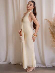 Andrea Bello 优雅黄色奶油色性感深V领女式连衣裙，春夏季 - 黃色 - 查看 3