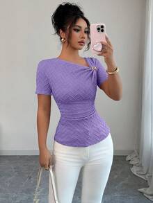 Elenzga 女款優雅不對稱領口 3D 玫瑰金鈕扣裝飾短袖 T-shirt 夏季約會穿搭上衣 藍色薰衣草紫 - 紫羅蘭色 - 查看 6