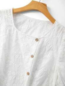 Linhara 女士春夏白色提花泡泡袖衬衫，侧边系带腰身设计，适合下午茶、野餐和约会。 - 白色 - 查看 4