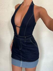 Aloruh 女士时尚露背吊带牛仔连衣裙，夏季 - 藍色 - 查看 4