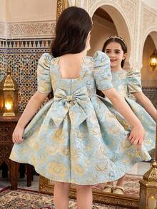 SHEIN Đầm hè tay ngắn thanh lịch in hoa dễ thương cho bé gái - Màu xanh lam - Xem 6