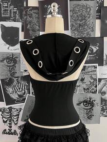 Attitoon 女士复古性感Y2K音乐节朋克露背连帽吊带上衣 - 黑色 - 查看 4