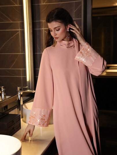 Al Najma 女士长袖碎花袖口系带连衣裙，蜜桃色