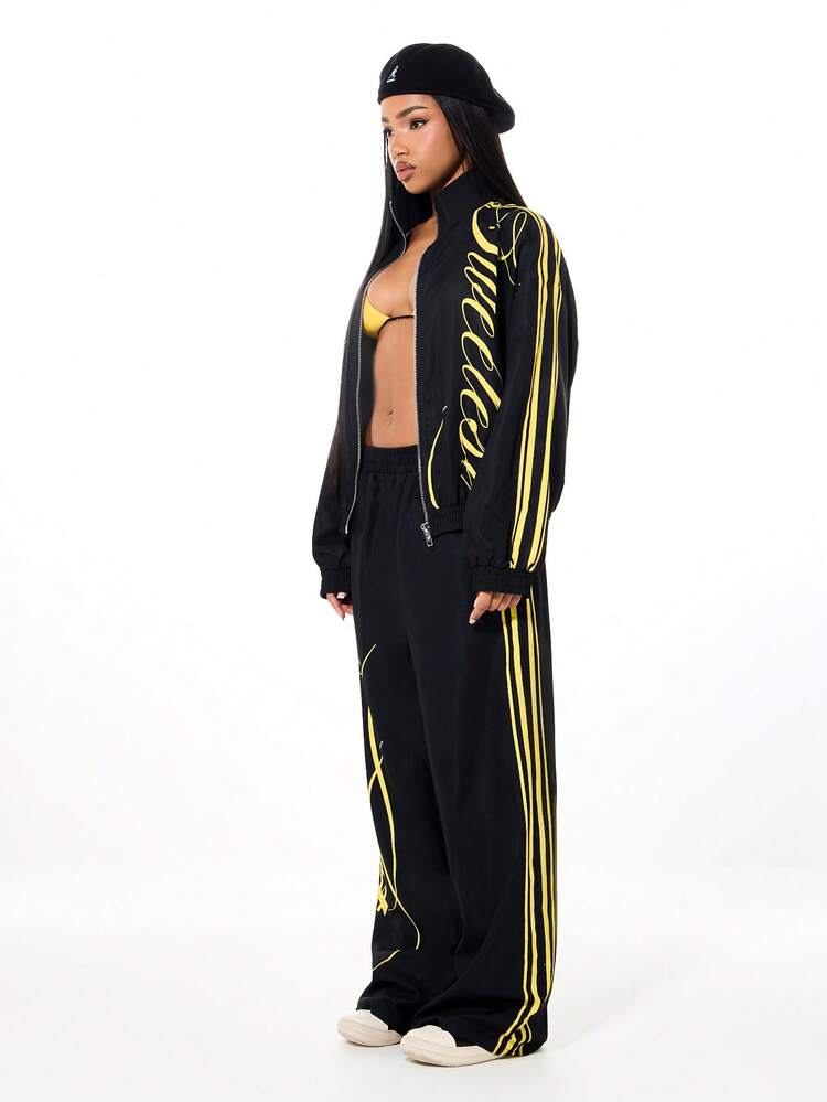 SUMWON WOMEN Wide Leg Graphic Joggers With Contrast Stripes