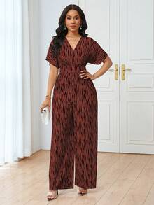 Lyxana V领短袖条纹印花弹力腰修身优雅休闲连体裤（女款） - 彩色 - 查看 5