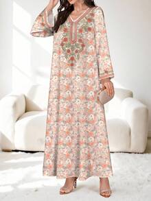 SHEIN Najma 女士花卉植物刺绣数码印花长裙，V领长袖连衣裙，优雅阿拉伯风情，春夏款 - 彩色 - 查看 4