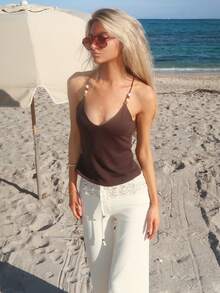 Sydney Algeri Áo tank top hai dây màu nâu đính hạt cườm cho nữ, áo hai dây ôm sát gợi cảm kiểu retro mùa hè, áo không tay cho kỳ nghỉ đi biển. - Cà phê nâu - Xem 4