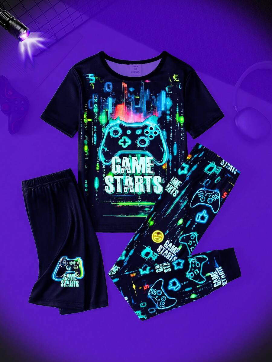 3 Stück/Set Jungen süßer Video-Spiel leuchtender Muster Eng anliegendes Kurzarm T-Shirt + Shorts + Lange Hose Pyjama Set - Schwarz - Übersicht 1