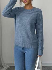 EURMUSE Casual Solid Color Crew Neck Sweater, Autumn/Winter - Dusty Blue - View 3
