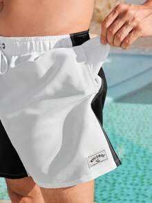 Zalmeno 男士撞色弹力腰带抽绳宽松休闲沙滩短裤，夏季男士泳裤，男士沙滩装，黑白泳裤，男士泳装，泳池服 - 黑與白 - 查看 6