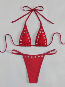 Modviera Springbreak 女士性感铆钉装饰露背镂空系带比基尼套装，2 件套，休闲度假沙滩装 - 紅色 - 查看 4
