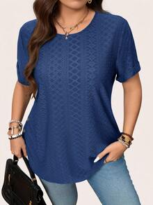 SHEIN LUNE Plus Size Women's Ribbed Knit T Shirt,Short Sleeve Round Neck Solid Blue Top,Everyday Smart Casual Elegant Blouse For Summer Autumn New Arrivals - Royal Blue - View 5