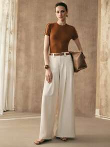 Arave Women's Beaded Shoulder Round Neck Mesh Patchwork Hollow Out Fitted Casual Party Date Vacation Short Sleeve T-Shirt Top Brown Top Earthy Tops - Camel - View 2