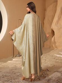 Al Najma 中东风格优雅蝙蝠袖拼接提花迪拜土耳其长袍，修身显瘦 - 卡其色 - 查看 2