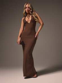 MISSGUIDED 褶皱露背吊带镂空修身长款连衣裙，系带设计，适合晚宴、正式场合 - 棕色 - 查看 4