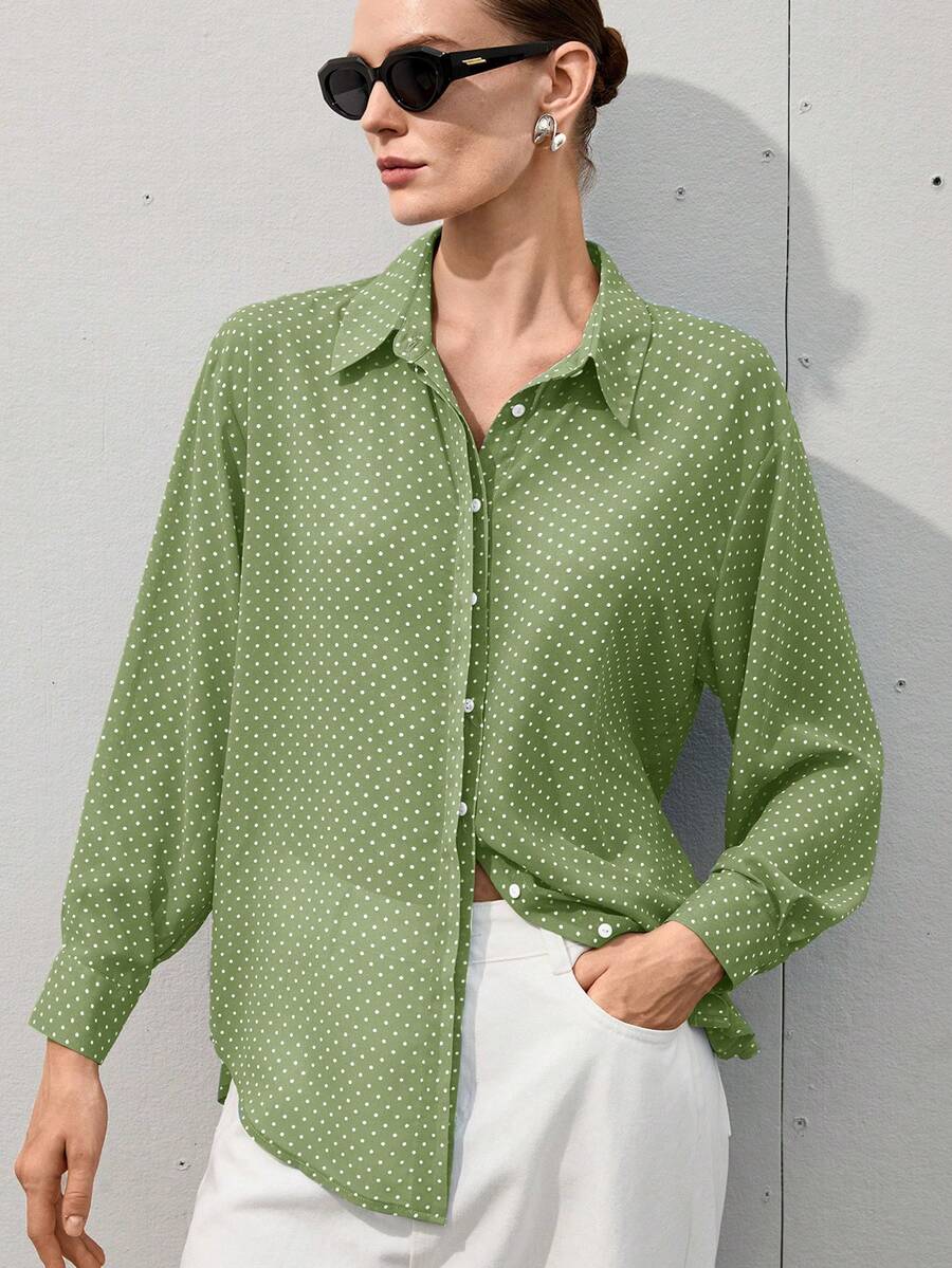 Aveloria Modichic Minimalist All-Match Versatile Black & White Chiffon Polka Dot Sheer Collar Long Sleeve Blouse, Suitable For Spring & Summer - Green - View 1