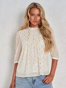 SHEIN Glamour 中年女性春夏雪纺衬衫，休闲中袖衬衫，适合中老年女性 - 杏色 - 查看 5