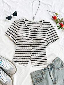 少女圆领短袖条纹前开襟休闲T恤，夏季 - 黑與白 - 查看 5