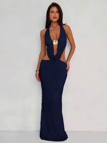 Aloruh Women's Vacation Deep V Starfish Solid Color Beige Textured Halter Backless High Slit Dress - Navy Blue - View 5