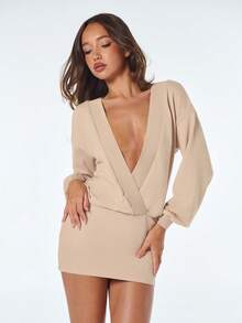 SHEIN ICON 女士极简纯色性感深V领紧身迷你连衣裙 - 卡其色 - 查看 6