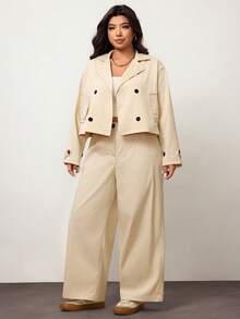 Enliva 2pcs Plus Size Casual Short Basic Windbreaker Jacket And Straight Leg Casual Pants Set, For Apple Rounded Body Shape - Apricot - View 5