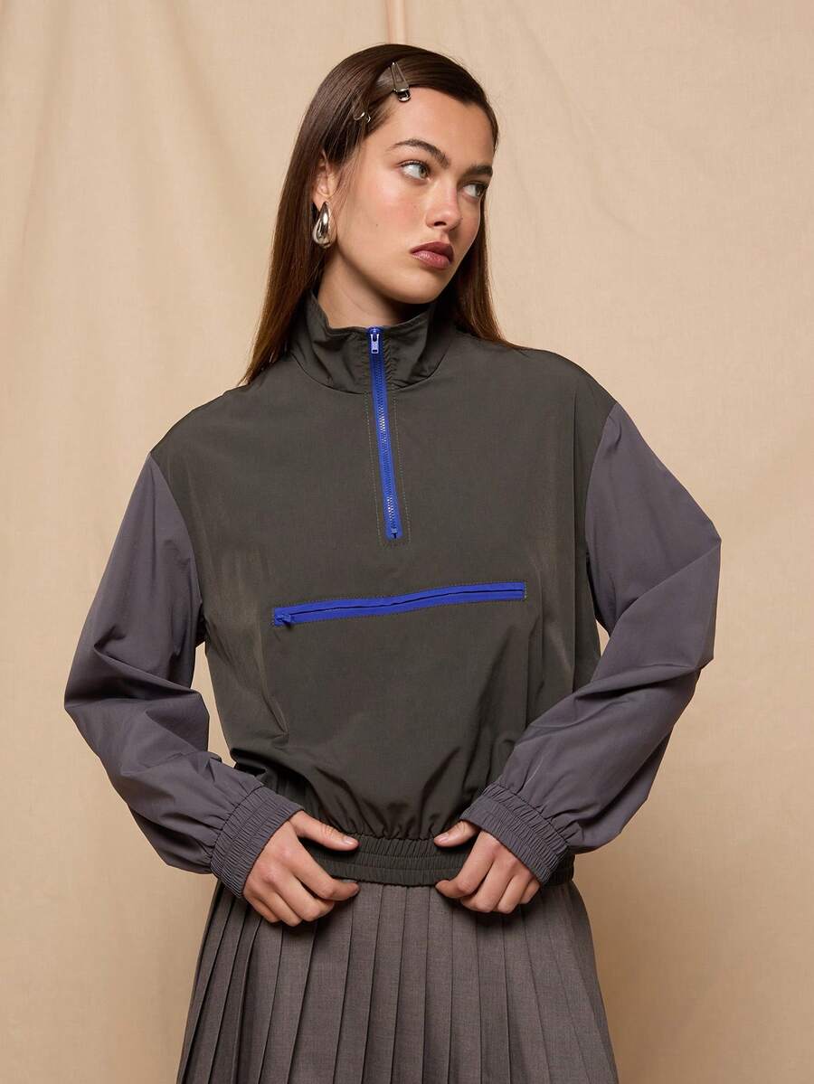 COUREZ Lightweigth Colourblock Overhead Jacket /Y2K Spring Clothes For Women Street Streetwear Going Out Outfits Casual Sporty Summer Jackets - Grey - View 1