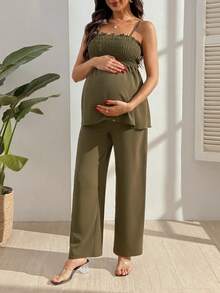 GentleRue Maternity 2pcs Maternity Vacation Solid Color Camisole Top And Long Pants Set - Army Green - View 3